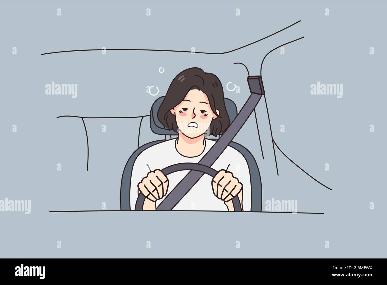 Tired young woman driving car feeling unwell suffer from health problems. Exhausted female driver struggle with depression or burnout, have physical or mental issues. Vector illustration.  Stock Vector