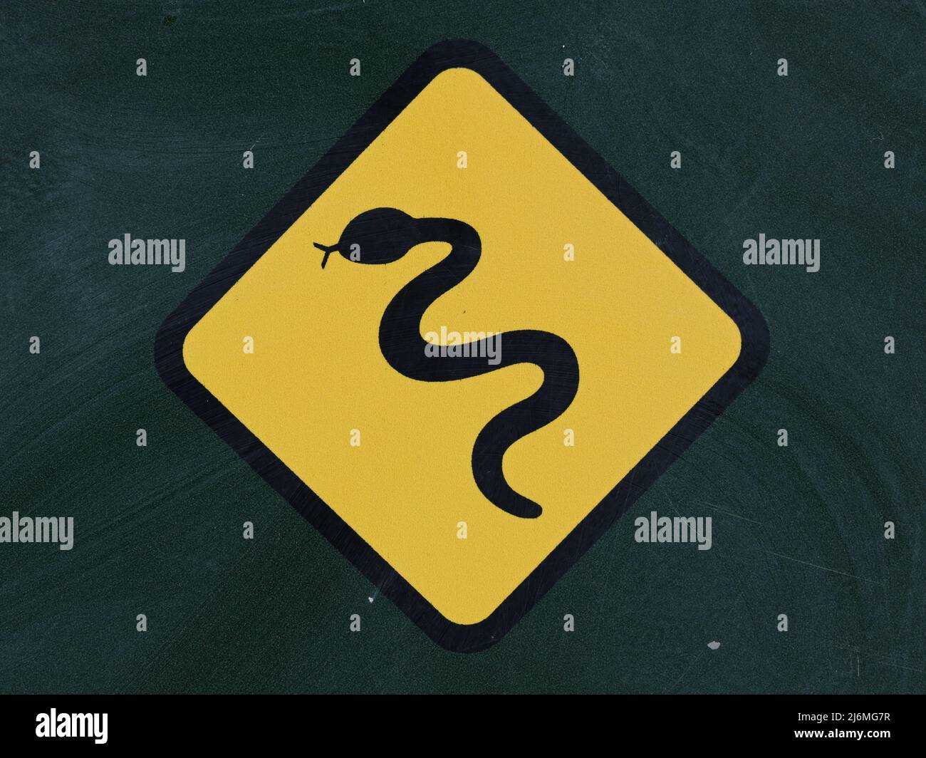 Close up of a black snake icon, in a yellow diamond, on a dark green sign to warn people about the presence of snakes in the area Stock Photo