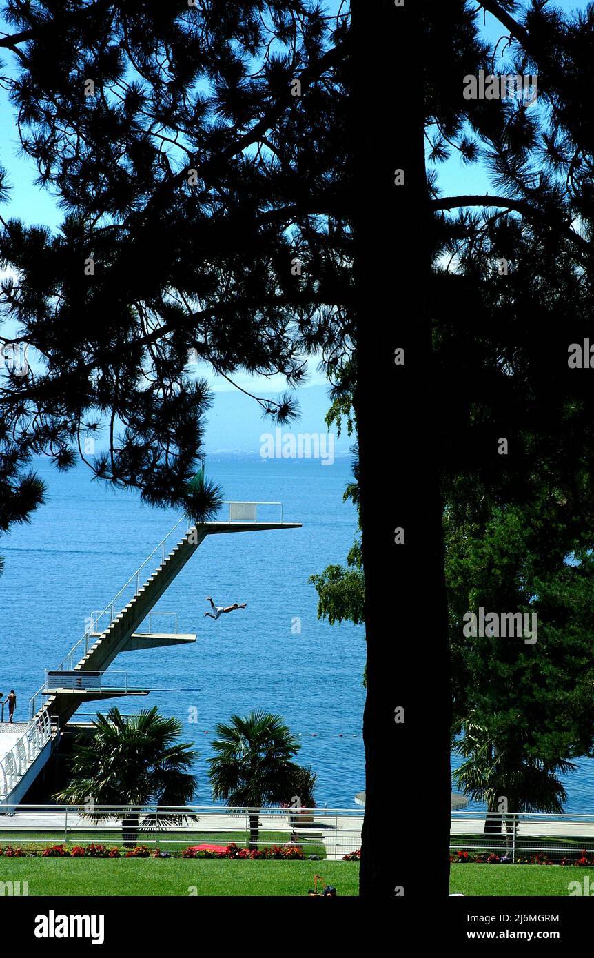 High diving board on Lake Geneva, Switzerland Stock Photo Alamy