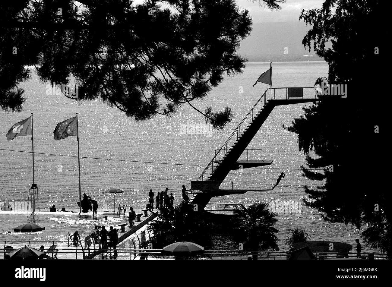 High diving board on Lake Geneva, Switzerland Stock Photo Alamy