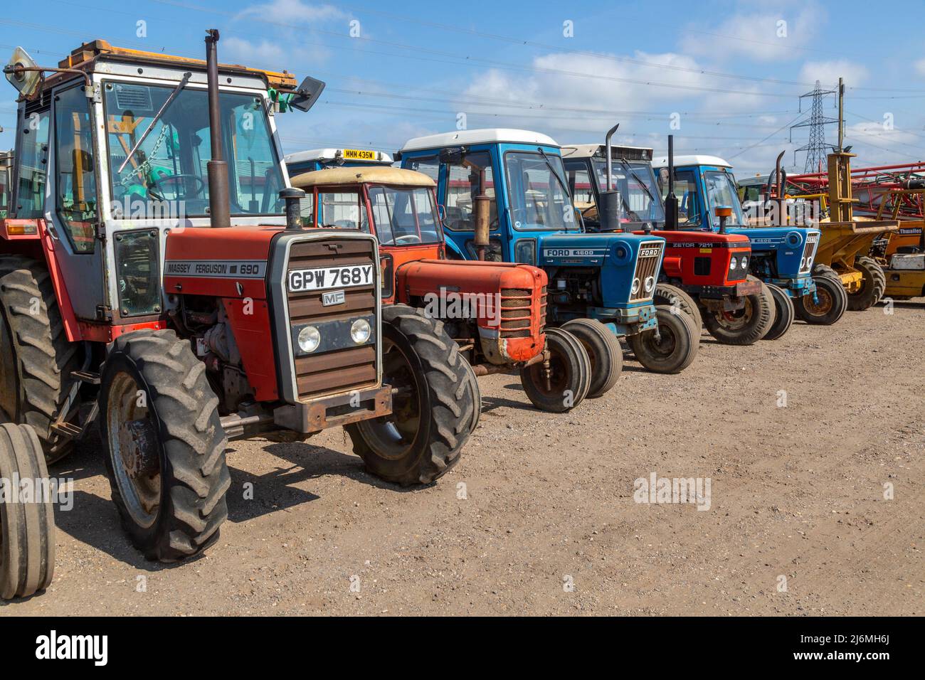 Old tractors lined up for sale at auction, Campsea Ashe, Suffolk
