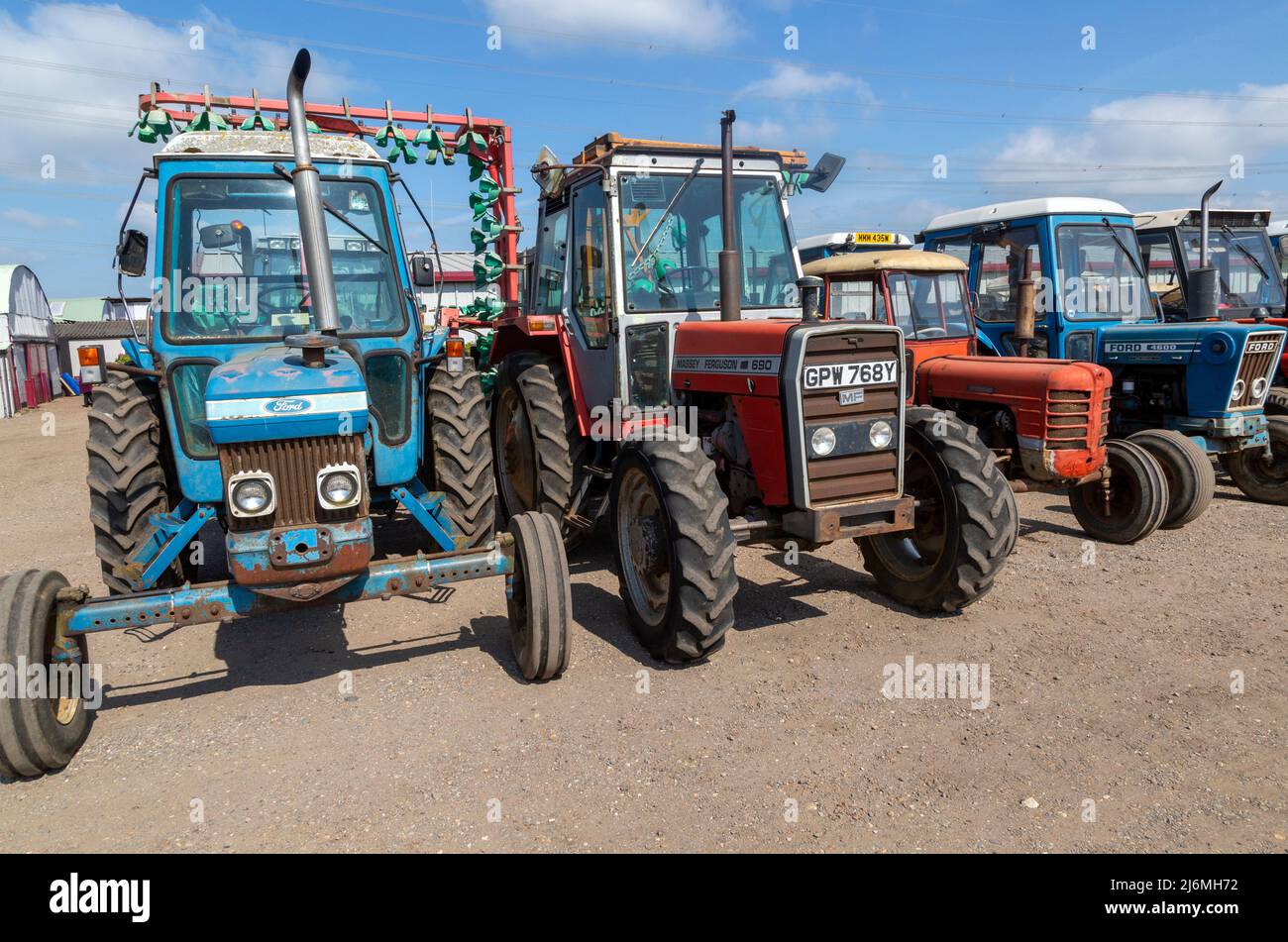 Old tractors lined up for sale at auction, Campsea Ashe, Suffolk