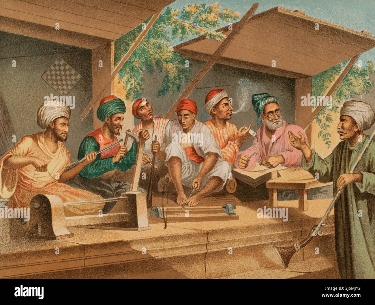 Turkish craftsmen in Constantinople. From left to right: passementerie maker, pipe maker, wood turners, babouche embroiderer and gunsmith. Chromolithography. Illustration by José Acevedo. Lithograph by José Maria Mateu. "Viaje a Oriente", 1878. Stock Photo