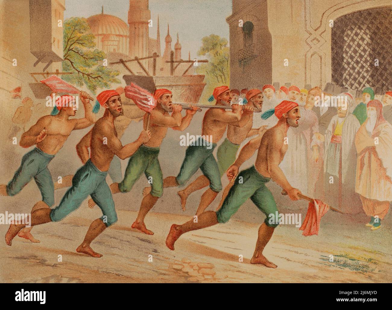 Turkey. Constantinople. Firemen running. Chromolithography. 