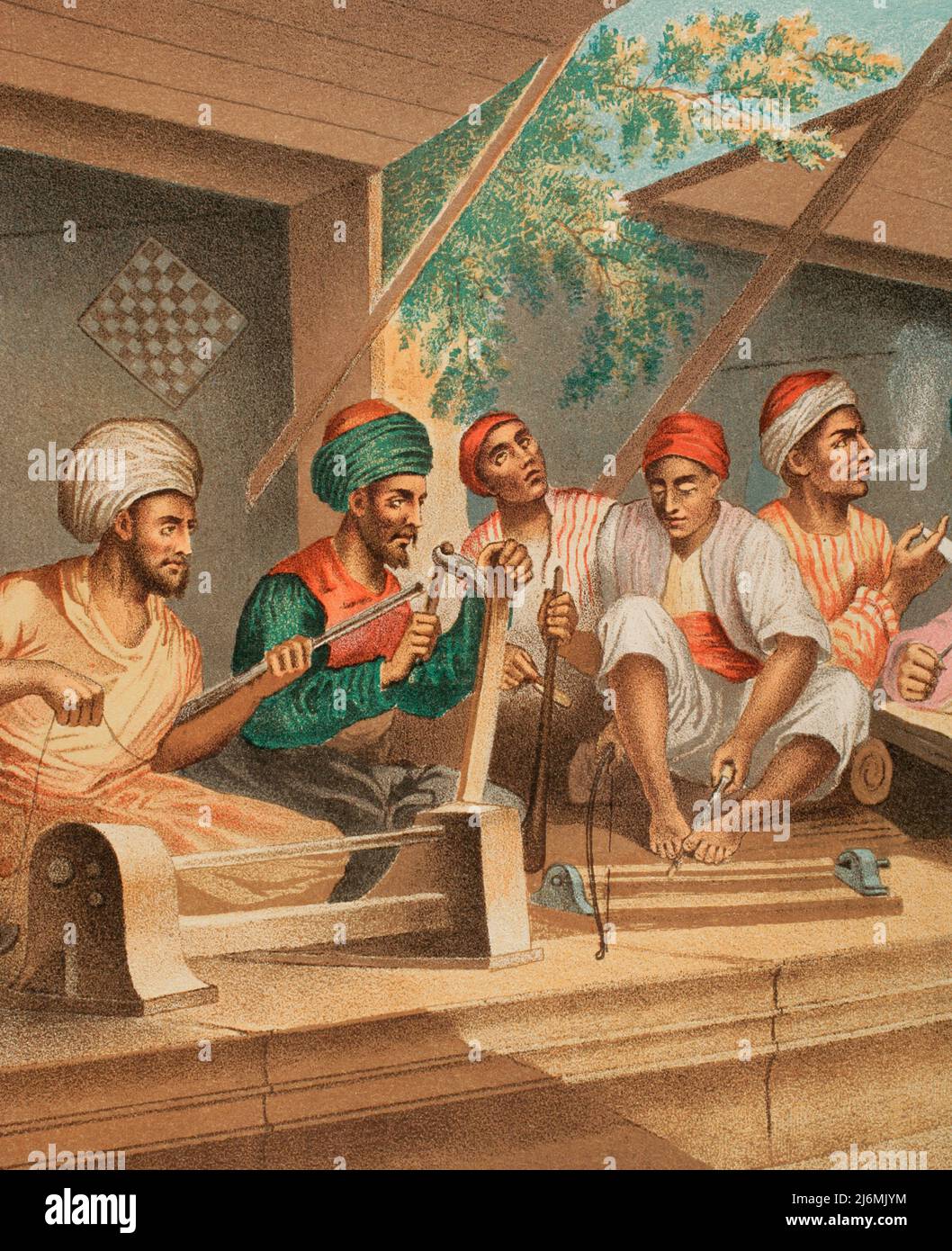 Turkish craftsmen in Constantinople. From left to right: passementerie maker, pipe maker and wood turners. Chromolithography. Illustration by José Acevedo. Lithograph by José Maria Mateu. Detail. "Viaje a Oriente", 1878. Stock Photo