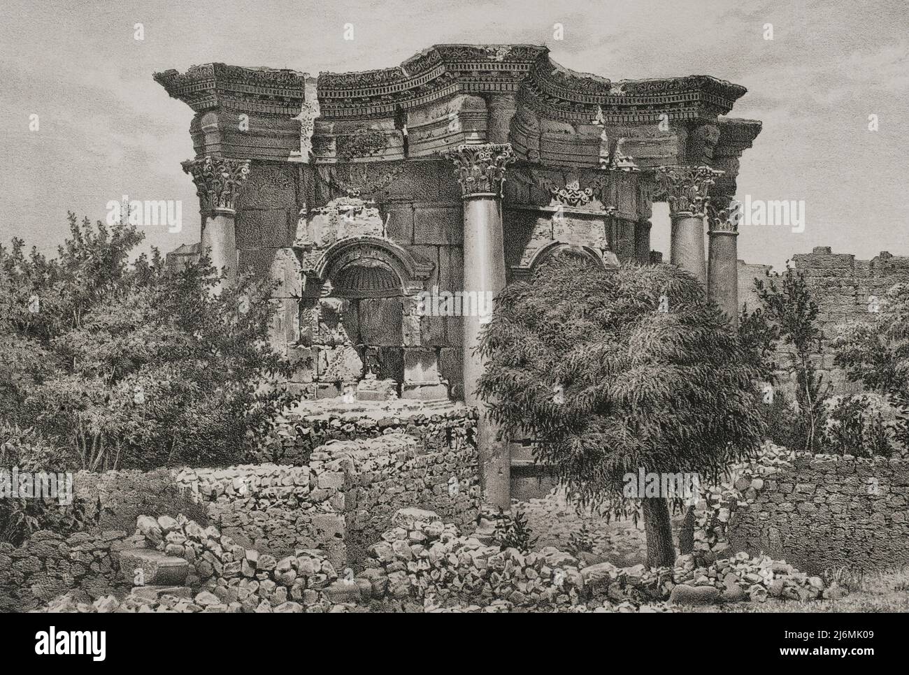 Lebanon, Baalbek. Temple of Venus. Roman circular temple. Illustration by Salcedo. Lithograph by Julio Donón. 'Viaje a Oriente', 1882. Stock Photo