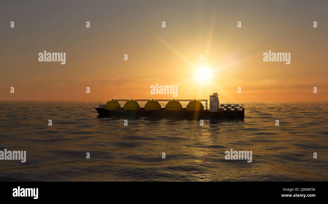 Floating regasification facility, regasification facility stationary in the sea. Sunset. Boat Stock Photo