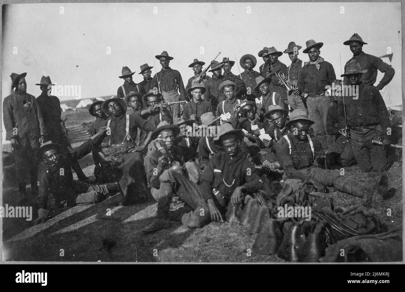 Buffalo Soldiers. Group of African-American soldiers at Camp Wikoff, New York. ca. 1898 Stock Photo