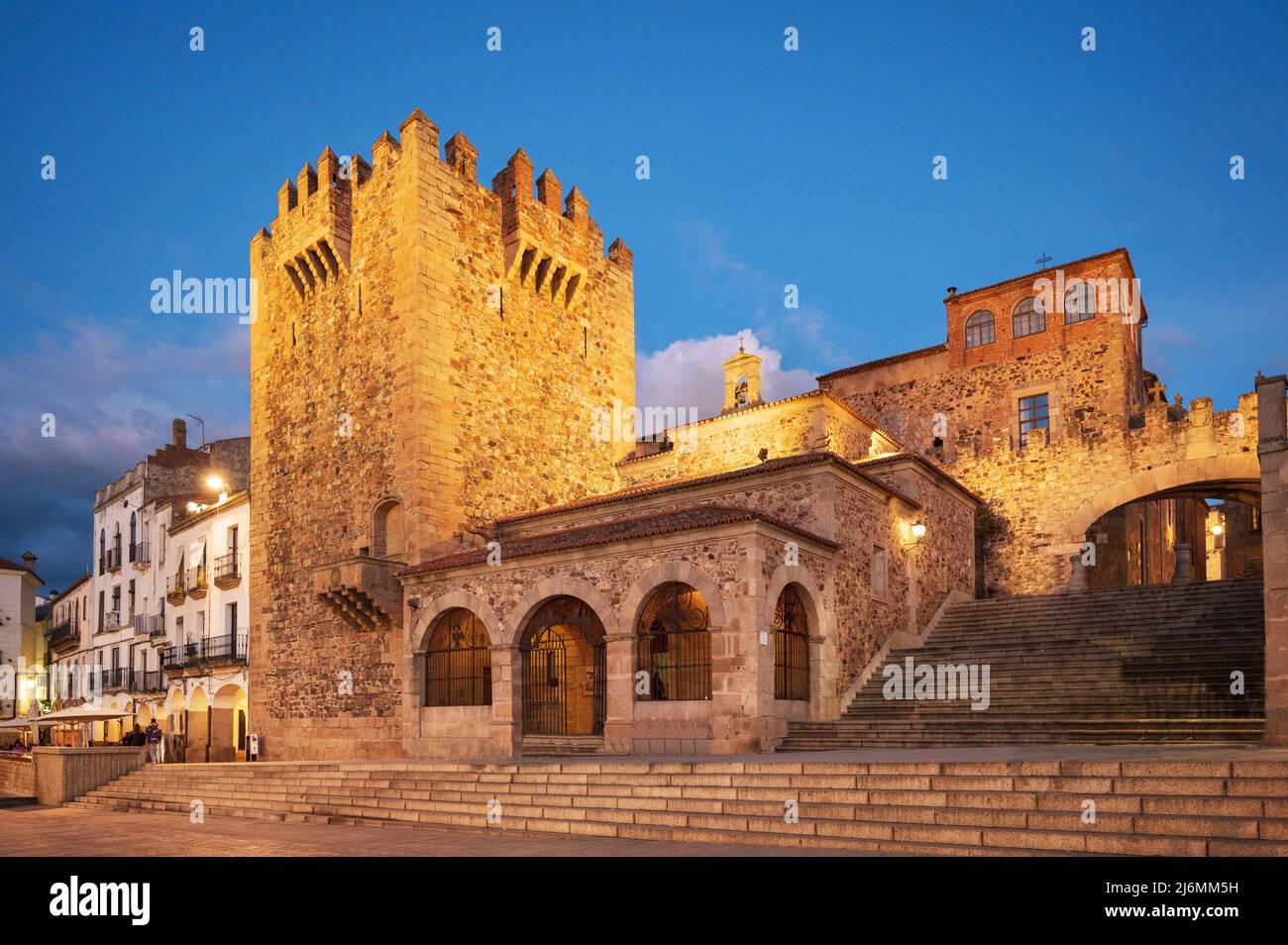 Scenic view of the medieval city of Caceres at twilight. High quality photo. Stock Photo
