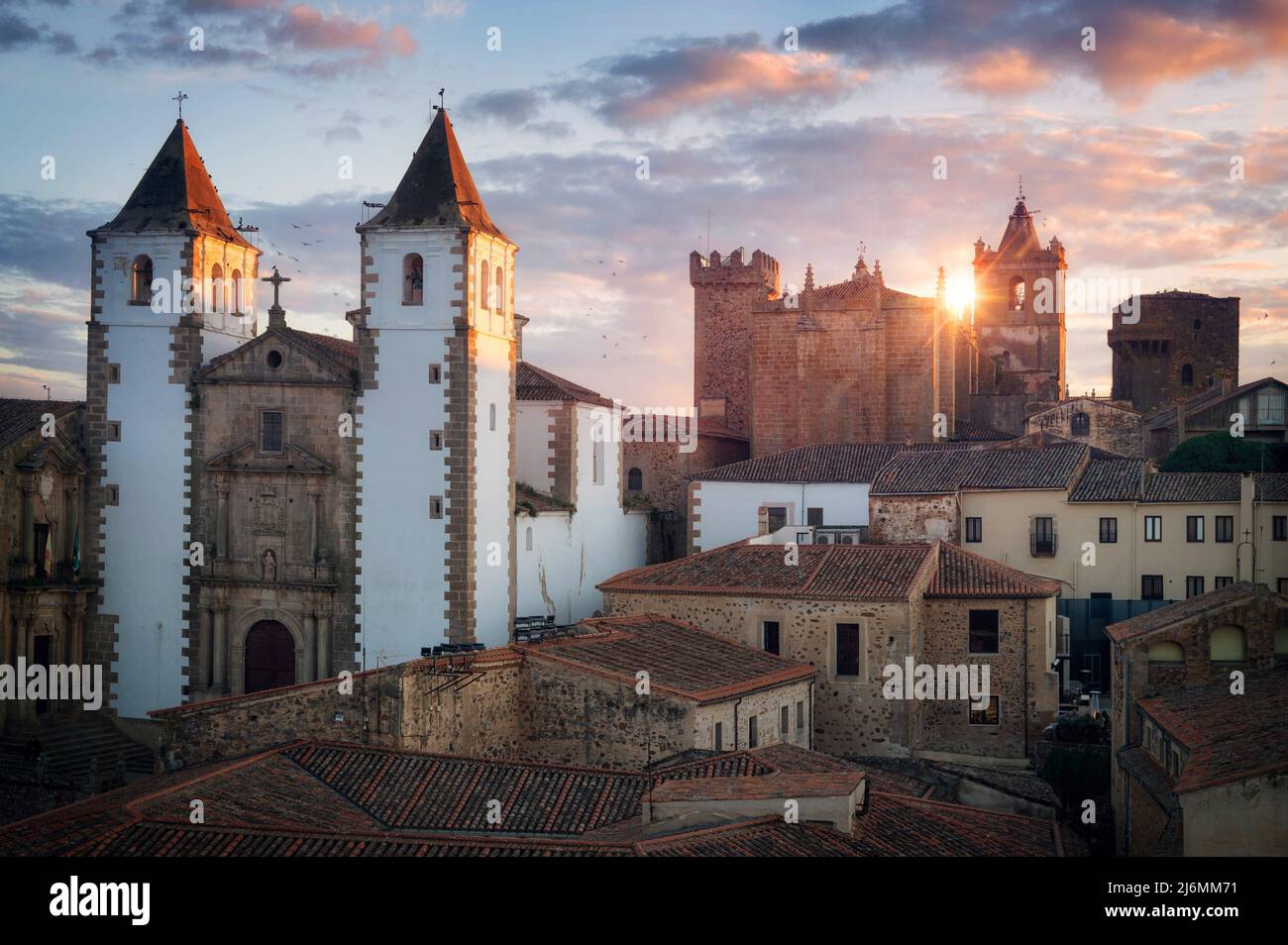 Scenic sunset in the medieval city of Caceres, Spain. High quality photo. Stock Photo