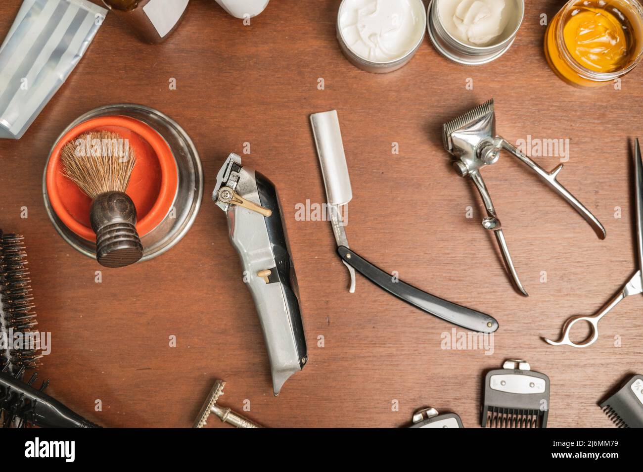 Top view barber tools on the shelf in the barbershop. High quality photography. Stock Photo