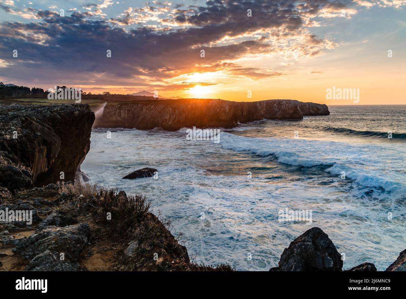 Cliffs at bufones of Pria in the Cantabrian Sea. View at sunset. Asturias, Spain. Stock Photo