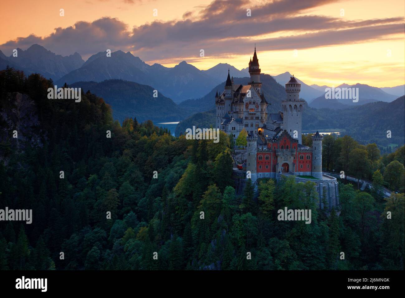 Beautiful evening view of the fairy tale Neuschwanstein castle, with ...