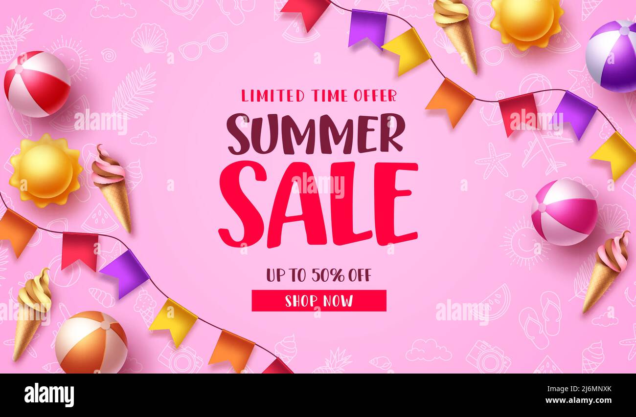 Summer sale vector banner design. Summer sale text in pink space with tropical season elements for holiday vacation promo ads background. Vector Stock Vector