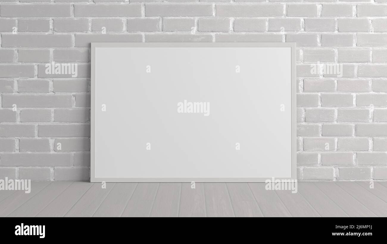 Mock up of horizontal white frame on the floor with white brick wall