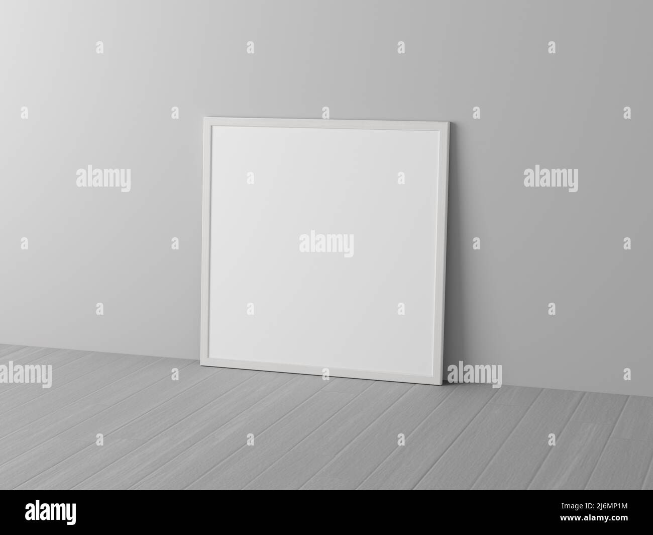 Mock up of square white frame on the floor with white wall. 3d render ...