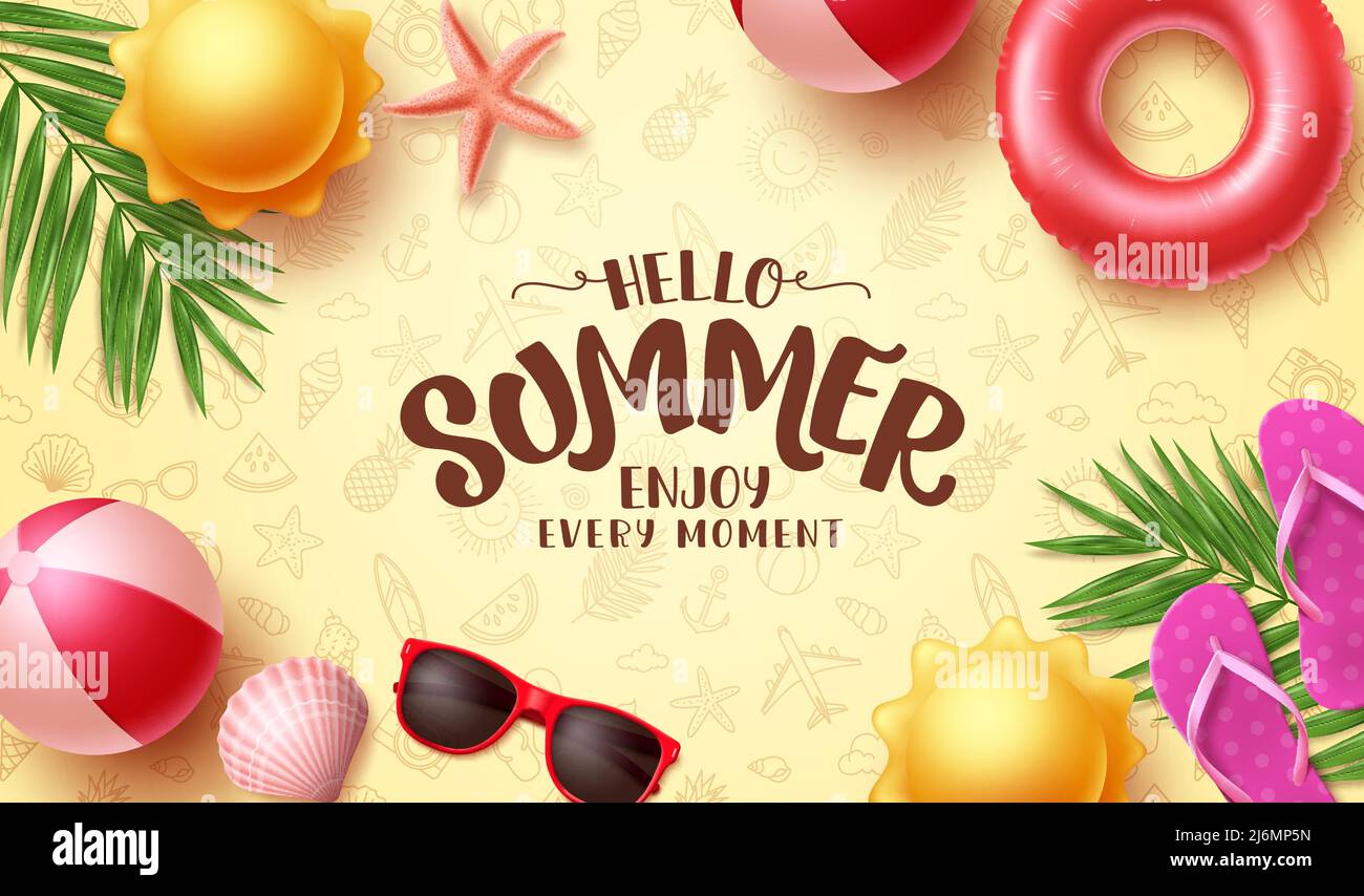 Summer vector background design. Hello summer greeting text in doodle pattern space with beach elements for tropical season design. Vector Stock Vector