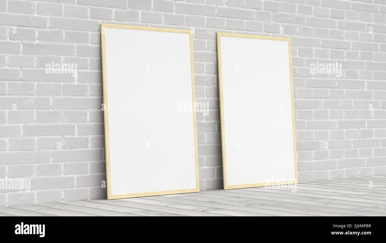 Mock up of two vertical woodenframes on the floor with white brick wall ...