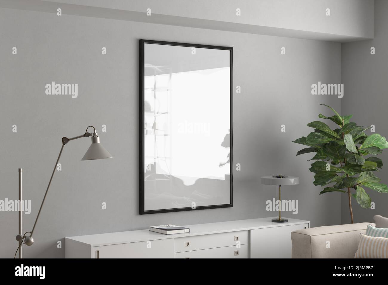 Vertical black frame mock up on white wall. 3d render Stock Photo - Alamy