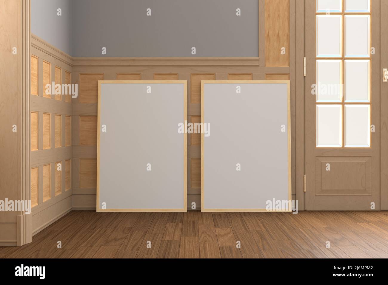 Two vertical wooden frames mock up on the floor in classic interor. 3d render Stock Photo Alamy