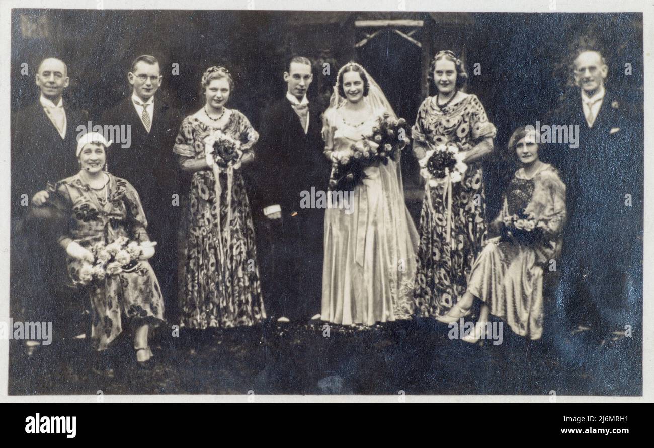 Archival sepia photograph of a wedding group, circa1935 Stock Photo