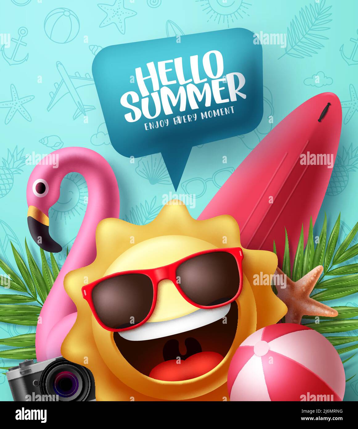 Summer vector poster design. Hello summer greeting text in speech bubble with sun emoji character in doodle pattern background. Vector illustration. Stock Vector