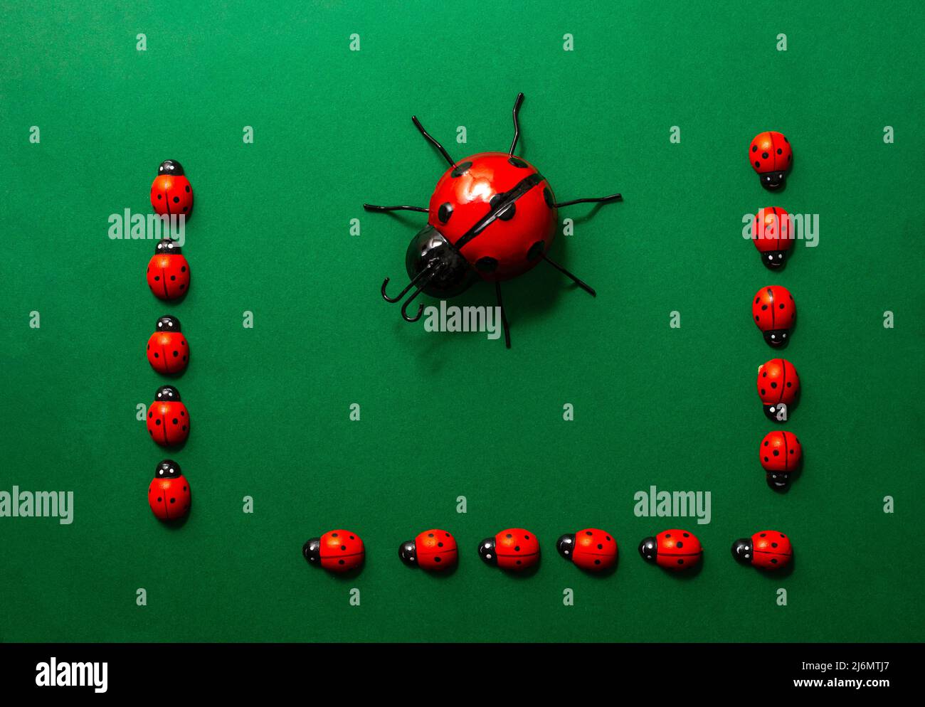 small and large toy ladybirds on a green background ,copy space . Stock Photo