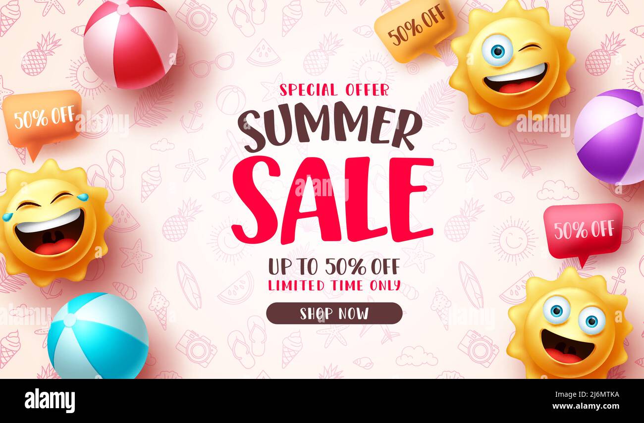 Summer sale vector banner design. Special offer summer sale discount text for tropical season promo ads background. Vector illustration. Stock Vector