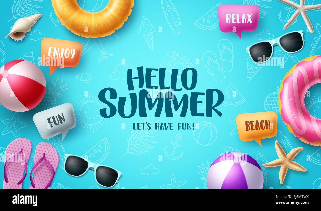 Summer greeting vector design. Hello summer text with colorful beach elements and speech bubbles for tropical holiday season background. Vector Stock Vector