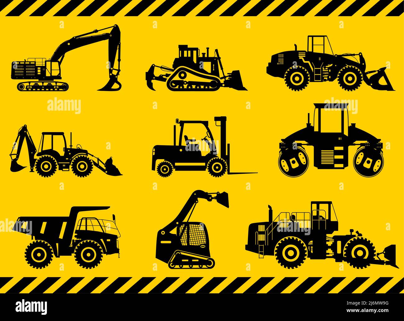 Silhouette illustration of heavy construction equipment and mining machinery. Building machinery
