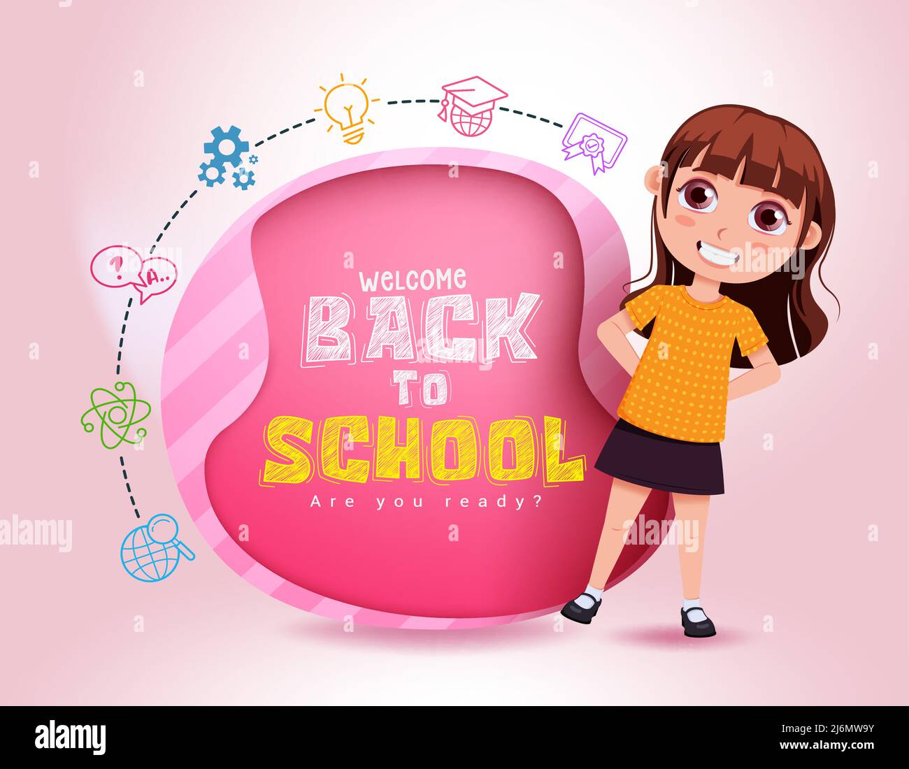 School character vector concept design. Back to school text in pink abstract with happy and friendly female kid student for educational greeting. Stock Vector