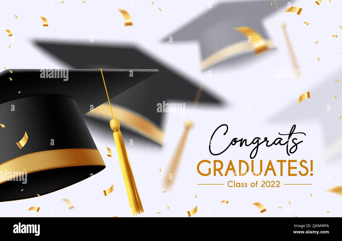 Graduation greeting vector background design. Congrats graduates text with  3d mortarboard cap and elegant gold confetti for graduation ceremony Stock  Vector Image & Art - Alamy