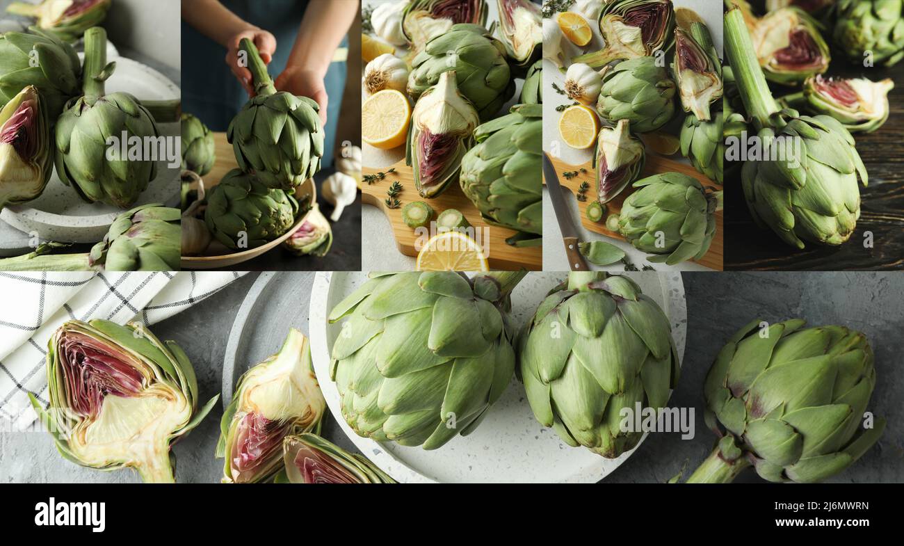 Collage of photos of cooking tasty artichoke Stock Photo Alamy