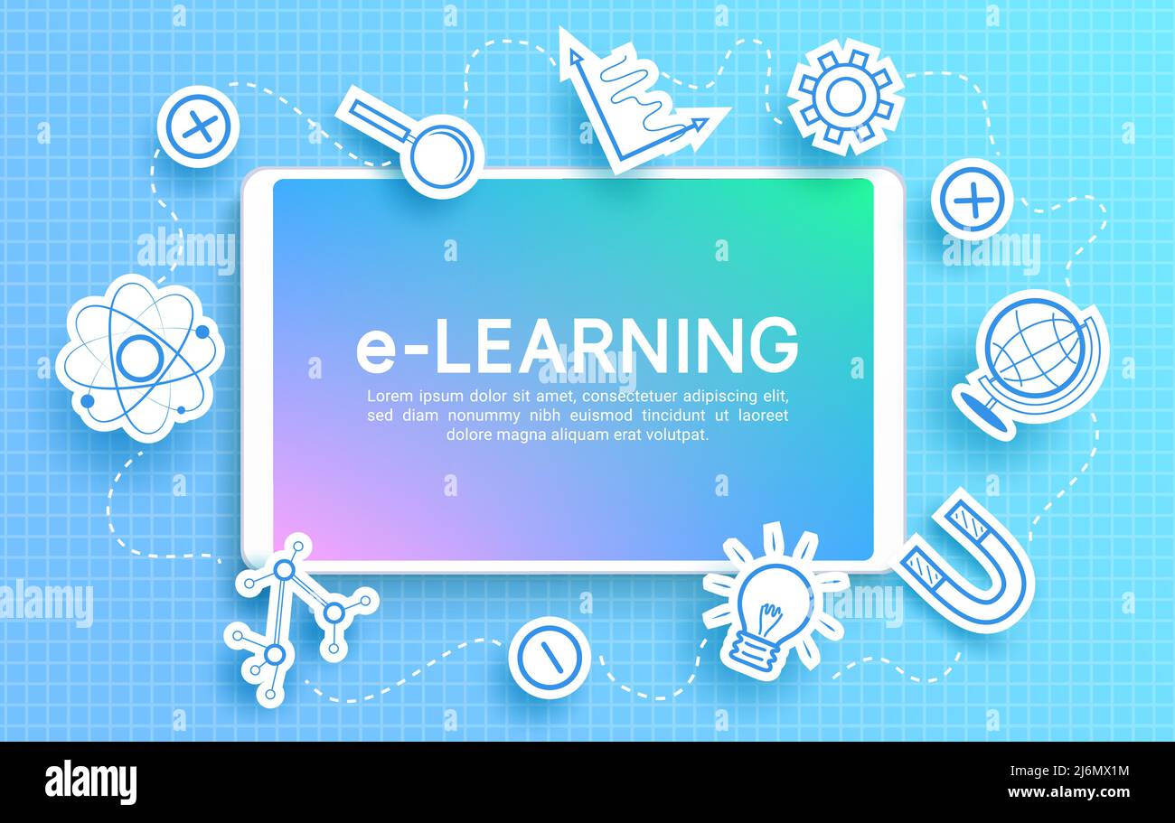 Distance learning vector concept design. E-learning text in tablet ...