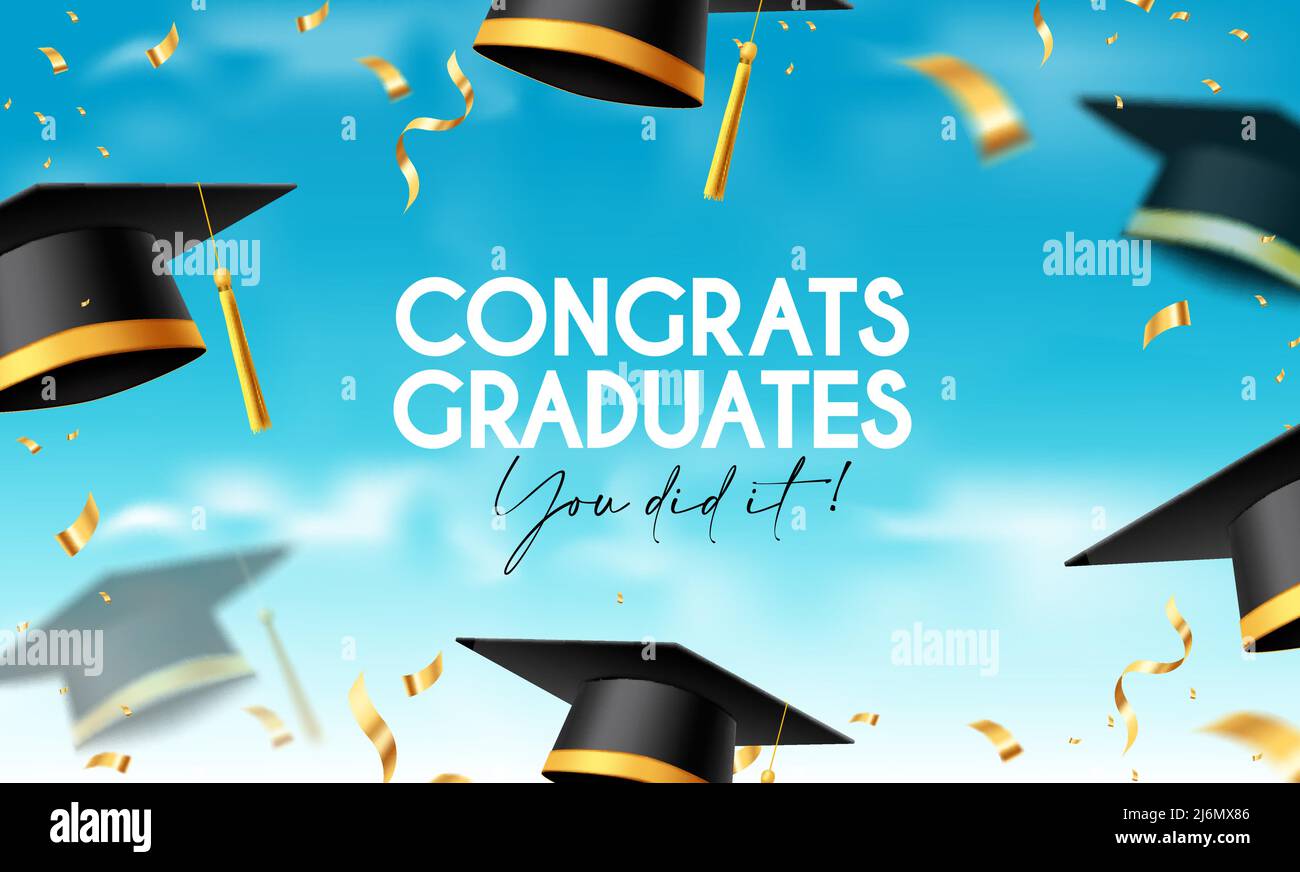 Graduation greeting vector background design. Congrats graduates text with  3d cap throwing celebration and elegant gold confetti for graduation Stock  Vector Image & Art - Alamy