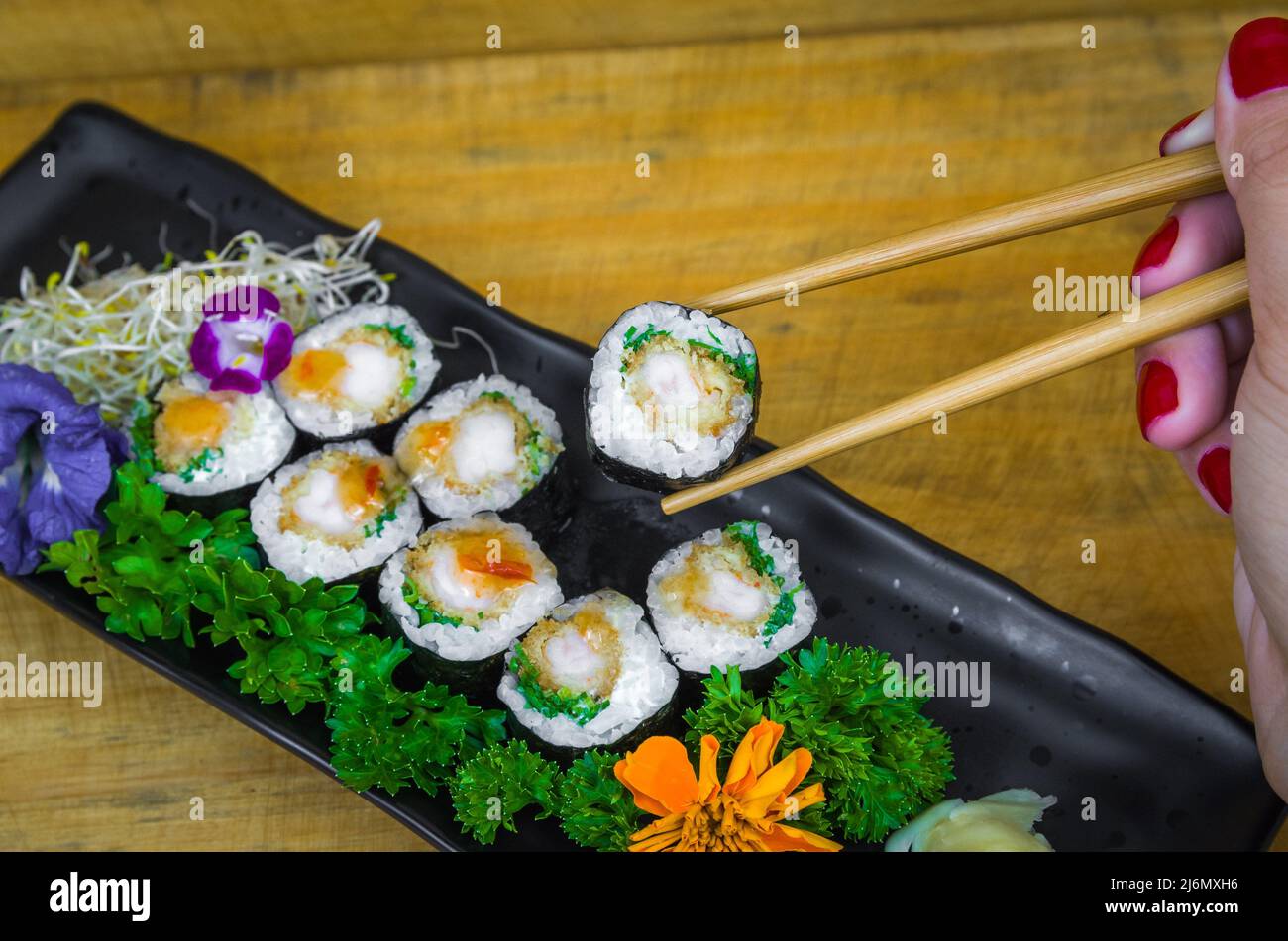 Perfect sushi, traditional Japanese cuisine. Delicious hossomaki on the