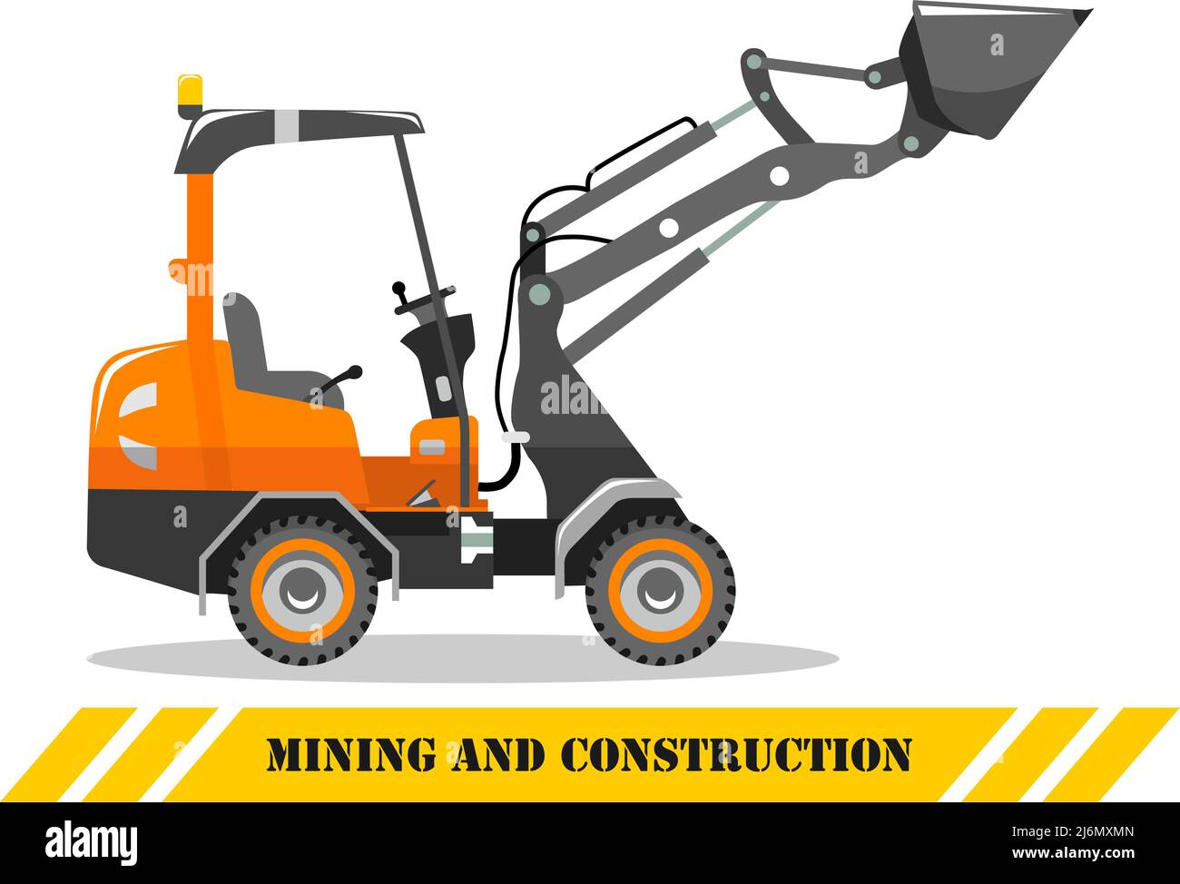 Detailed illustration of skid steer loader. Heavy mining machine equipmente and construction machinery. Vector illustration. Stock Vector