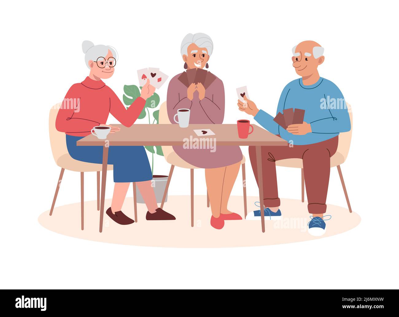 Retirement age people have fun playing card board games. Elderly people