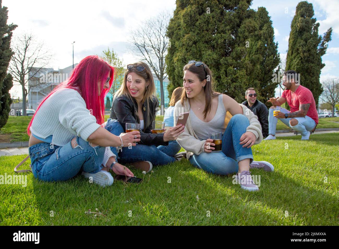 groups of friends having fun in a park Stock Photo