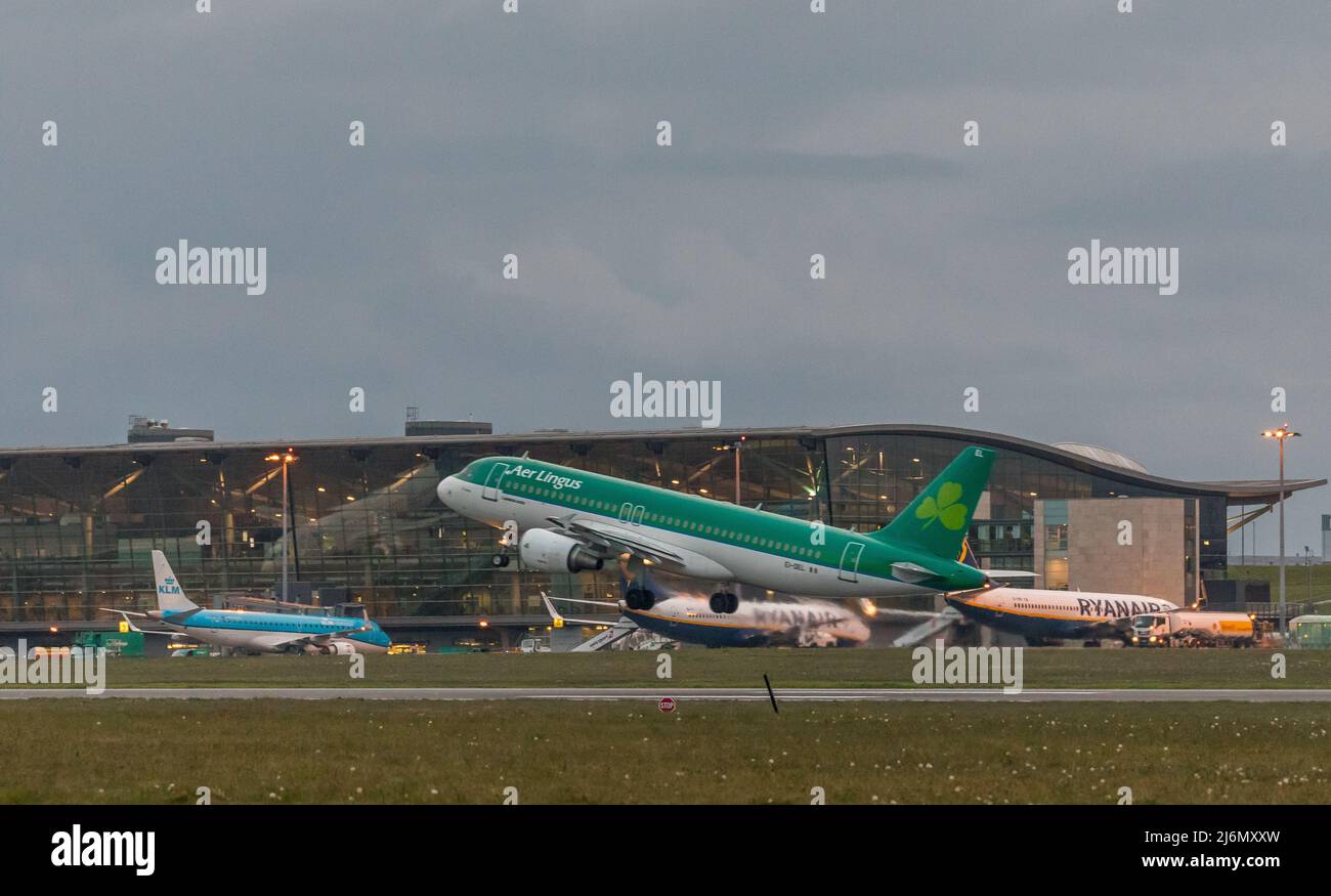 Cork Airport, Cork, Ireland. 03rd May, 2022. Wheels up for an early morning Aer Lingus flight to Amsterdam from Cork Airport, Cork, Ireland. - Credit; David Creedon / Alamy Live News Stock Photo
