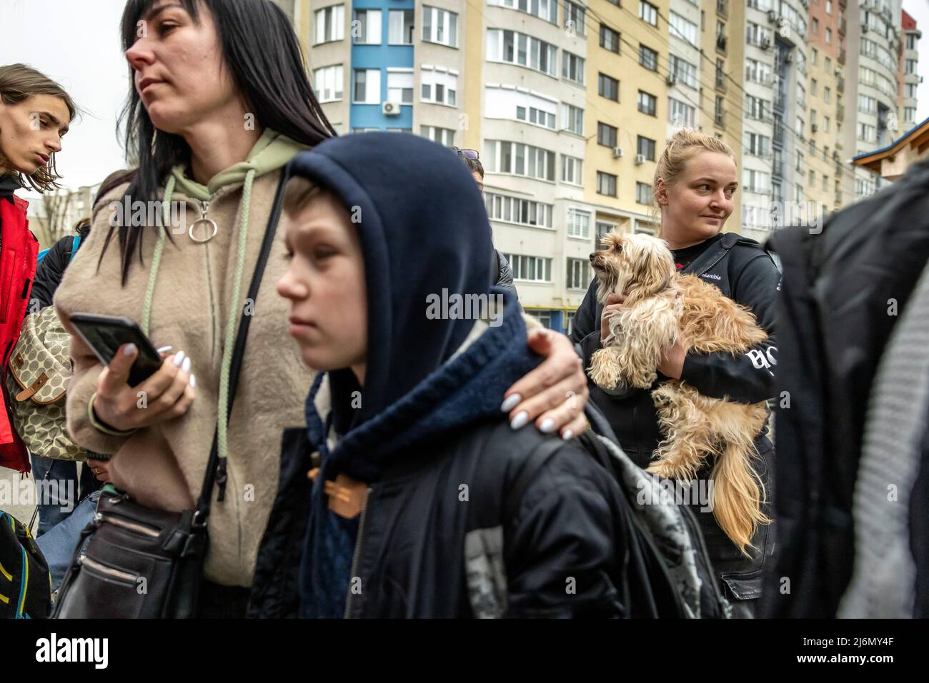 Refugees from Ukraine leave the Moldovan capital Chisinau. From here, the NGO 'Be an Angle' from Berlin organises the onward journey of the refugees by bus to Germany. Stock Photo