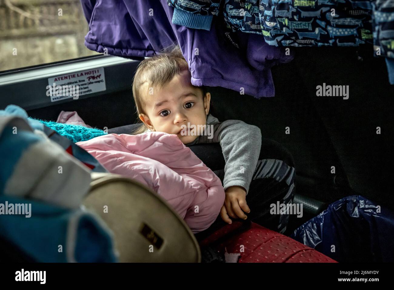 Refugees from Ukraine leave the Moldovan capital Chisinau. From here, the NGO 'Be an Angle' from Berlin organises the onward journey of the refugees by bus to Germany. Stock Photo