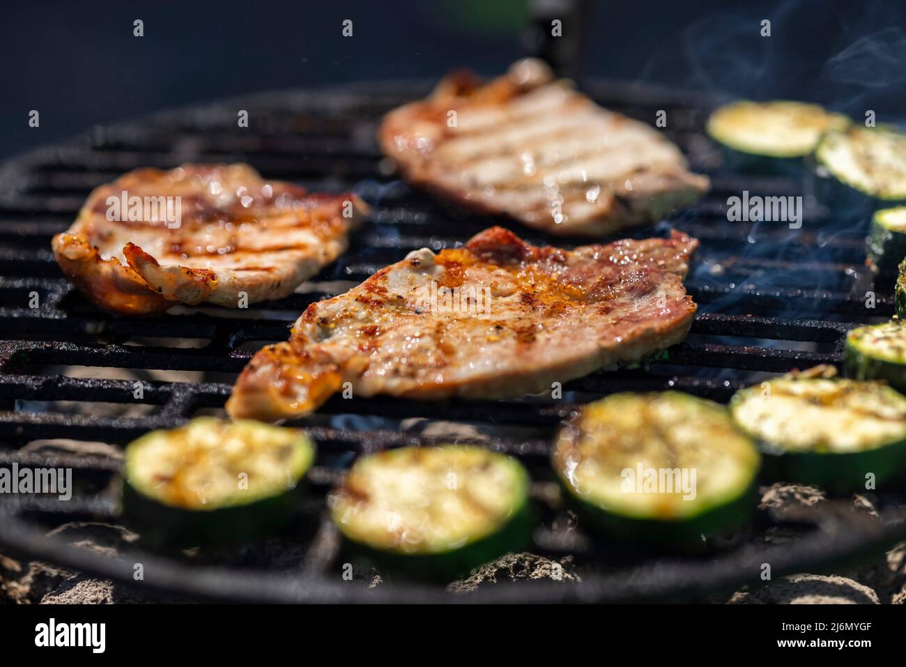 pork and zucchini, garden grill with charcoal Stock Photo Alamy