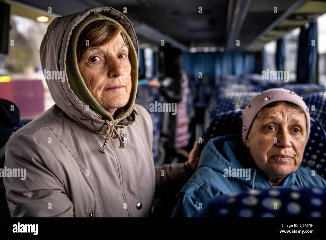 Jewish refugees from Ukraine leave the Moldovan capital Cisinau by bus with the help of ZWST, Central Welfare Office of the Jews in Germany, and are brought to Frankfurt. Stock Photo