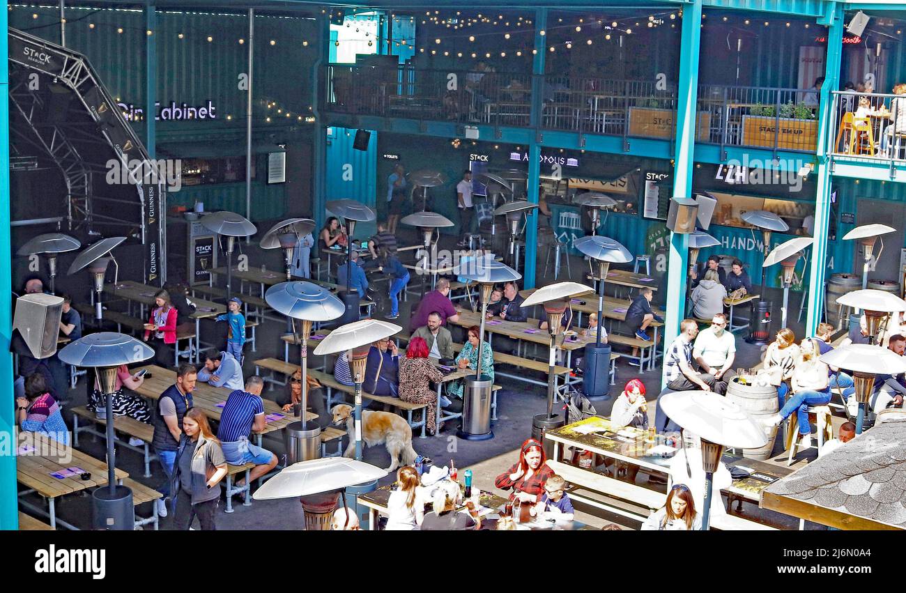 The ground floor food court and the stage in the centre of The Stack, on the sea front at Seaburn, The Stack being built from shipping containers. Stock Photo