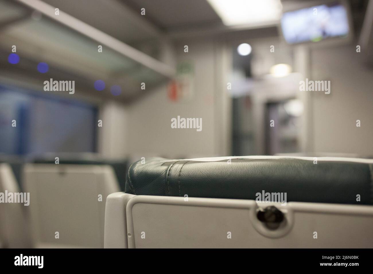 Interior of normal class carriage. Selective focus. Stock Photo