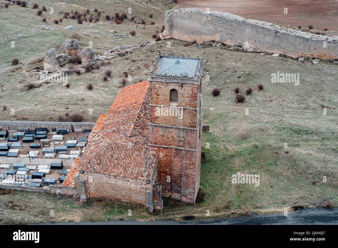 Aerial View of the historic town of Atienza with the old church of Santa Maria del Rey. Stock Photo
