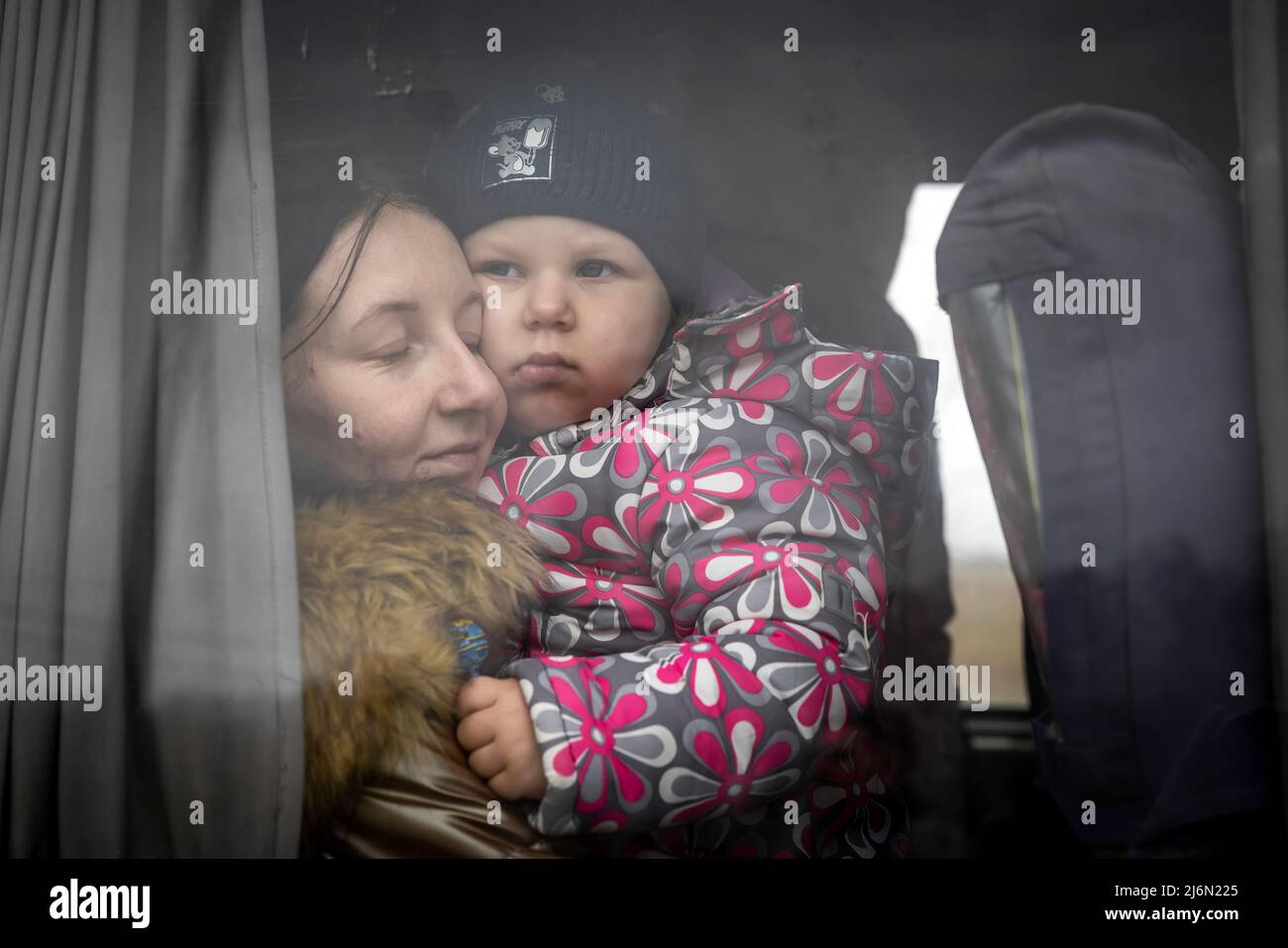 Ukrainian refugees have reached the border with Moldova in Palanka. From here they are taken by small buses to a collection point where they are provided with drinks and food. Coaches then take the refugees to Romania and other European host countries. Stock Photo