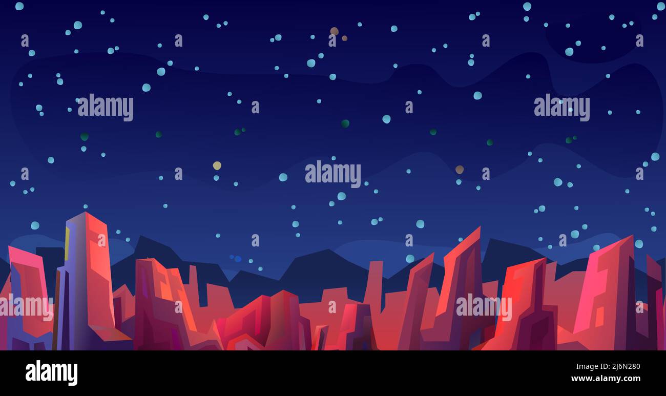 Rocky landscape. Starry night sky. Beautiful stone scenery. Cartoon flat style design. Vector. Stock Vector