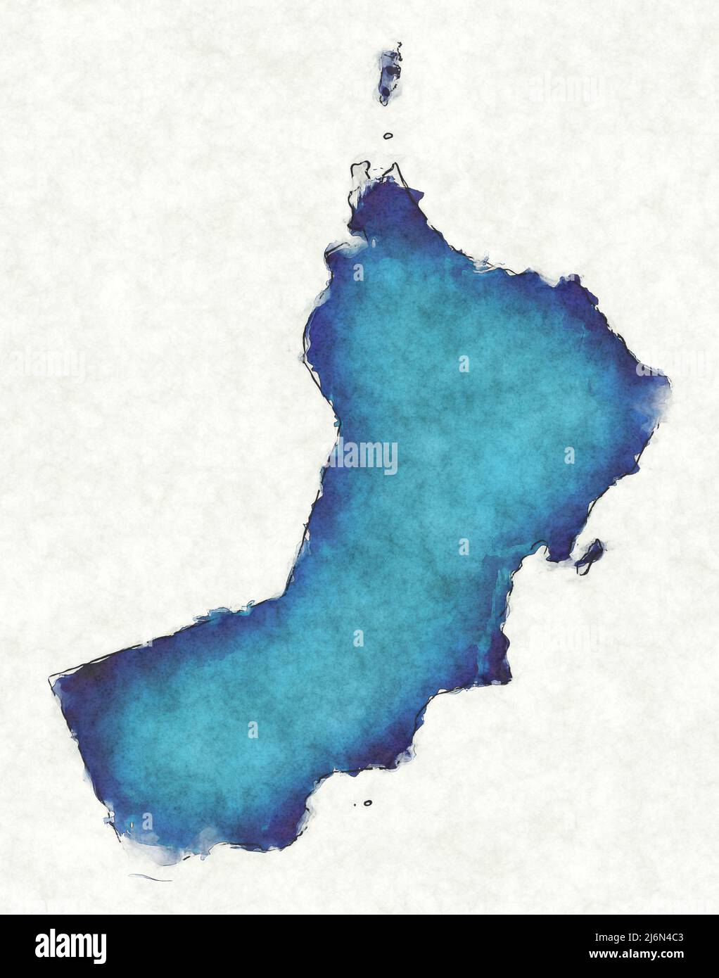Oman map with drawn lines and blue watercolor illustration Stock Photo
